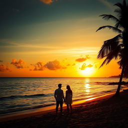 A beautiful scenic landscape featuring a vibrant sunset over a calm ocean, with golden hues reflecting on the water's surface