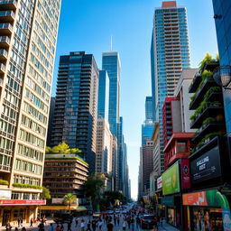 A bustling urban scene featuring numerous tall skyscrapers, some with modern glass facades reflecting sunlight, others showcasing unique architectural styles