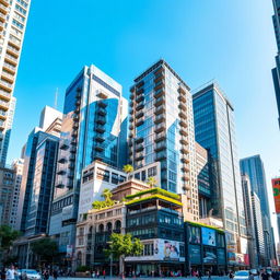 A bustling urban scene featuring numerous tall skyscrapers, some with modern glass facades reflecting sunlight, others showcasing unique architectural styles