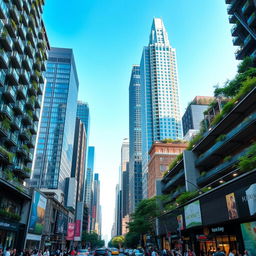A bustling urban scene featuring numerous tall skyscrapers, some with modern glass facades reflecting sunlight, others showcasing unique architectural styles