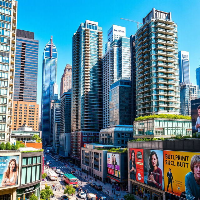 A bustling urban scene featuring numerous tall skyscrapers, some with modern glass facades reflecting sunlight, others showcasing unique architectural styles