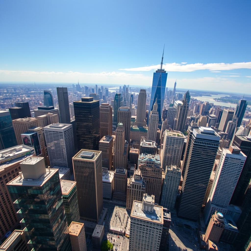 A stunning bird's-eye view of a bustling city with numerous tall buildings, showcasing a beautiful skyline filled with skyscrapers of various designs, glass reflections glimmering in the sunlight, and vibrant city life visible below