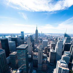 A stunning bird's-eye view of a bustling city with numerous tall buildings, showcasing a beautiful skyline filled with skyscrapers of various designs, glass reflections glimmering in the sunlight, and vibrant city life visible below