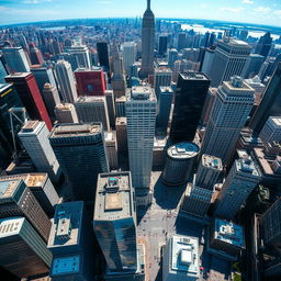 A stunning bird's-eye view of a bustling city with numerous tall buildings, showcasing a beautiful skyline filled with skyscrapers of various designs, glass reflections glimmering in the sunlight, and vibrant city life visible below