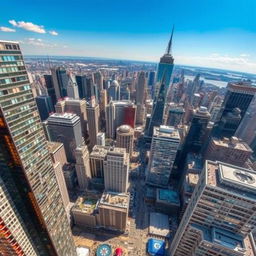 A stunning bird's-eye view of a bustling city with numerous tall buildings, showcasing a beautiful skyline filled with skyscrapers of various designs, glass reflections glimmering in the sunlight, and vibrant city life visible below
