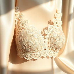 An intricately designed lace bra displayed elegantly against a soft, light-colored silk background