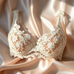 An intricately designed lace bra displayed elegantly against a soft, light-colored silk background