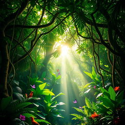 A vibrant jungle scene featuring a lush canopy of green trees with thick vines and tropical plants