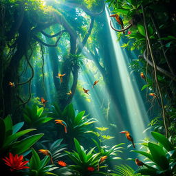 A vibrant jungle scene featuring a lush canopy of green trees with thick vines and tropical plants