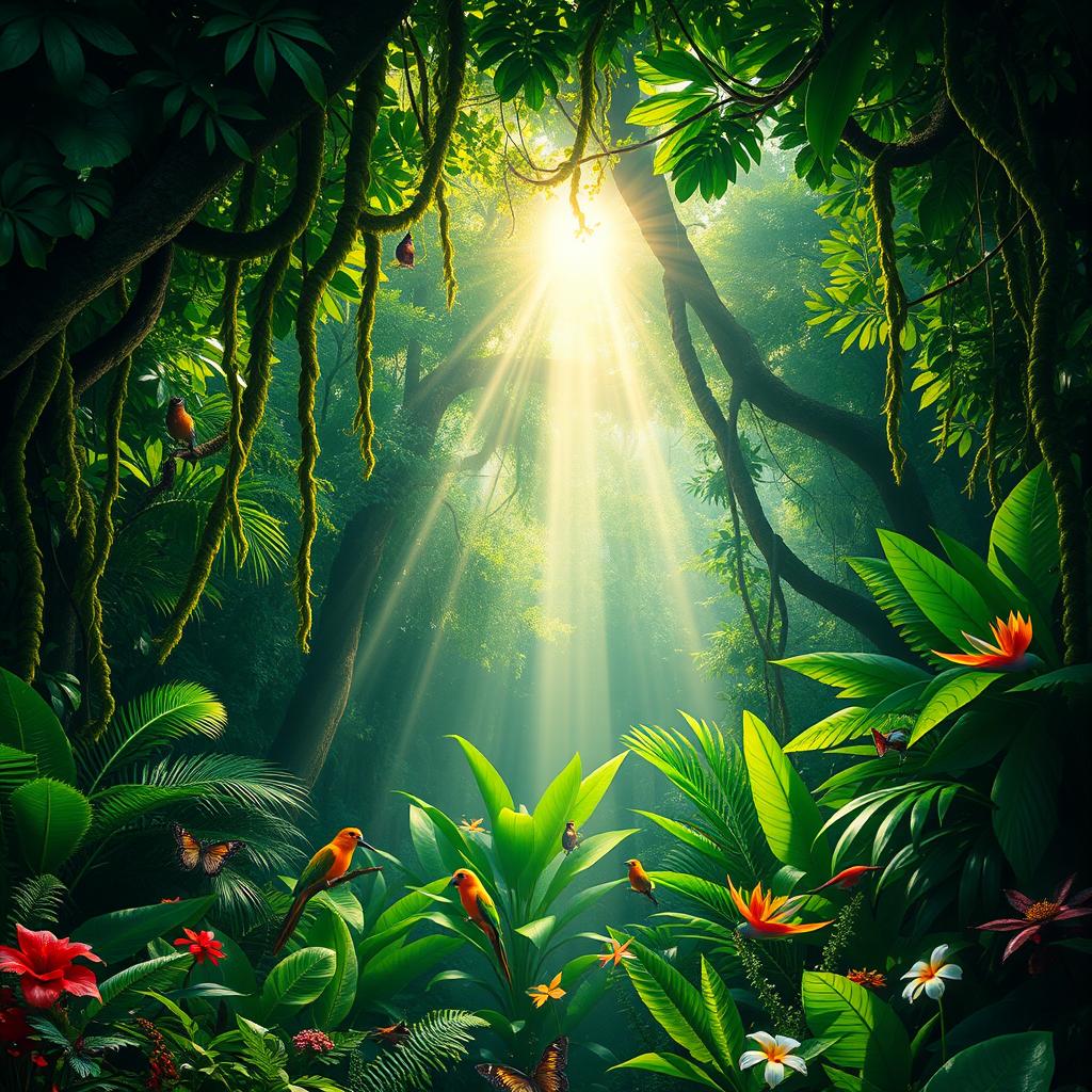 A vibrant jungle scene featuring a lush canopy of green trees with thick vines and tropical plants