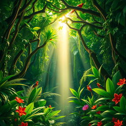 A vibrant jungle scene featuring a lush canopy of green trees with thick vines and tropical plants