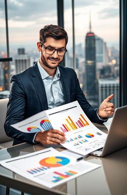 A professional marketing expert, showcasing skills with innovative strategy charts and colorful presentations
