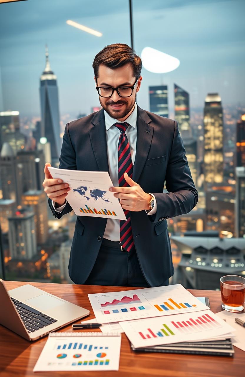 A professional marketing expert, showcasing skills with innovative strategy charts and colorful presentations