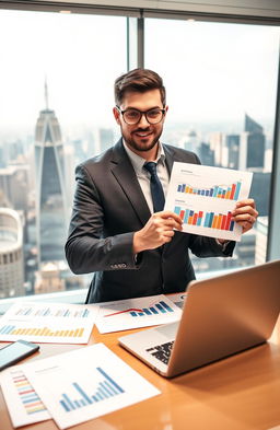A professional marketing expert, showcasing skills with innovative strategy charts and colorful presentations