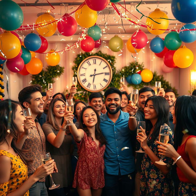 A vibrant New Year celebration scene featuring a diverse group of friends gathering at a beautifully decorated party