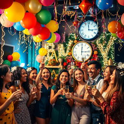 A vibrant New Year celebration scene featuring a diverse group of friends gathering at a beautifully decorated party