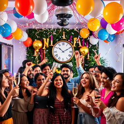 A vibrant New Year celebration scene featuring a diverse group of friends gathering at a beautifully decorated party