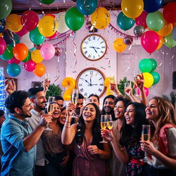 A vibrant New Year celebration scene featuring a diverse group of friends gathering at a beautifully decorated party