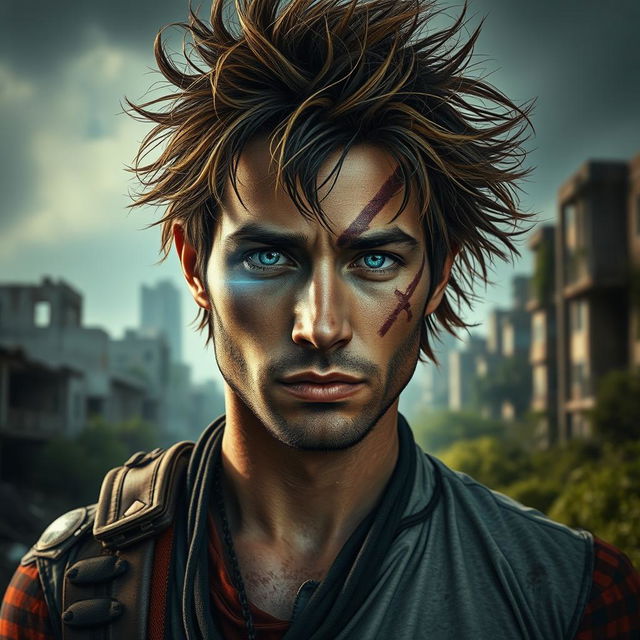 A portrait of a 30-year-old male in a post-apocalyptic setting, featuring large, wild hair that is tousled and unkempt