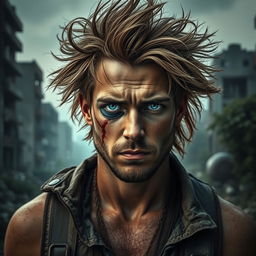 A portrait of a 30-year-old male in a post-apocalyptic setting, featuring large, wild hair that is tousled and unkempt