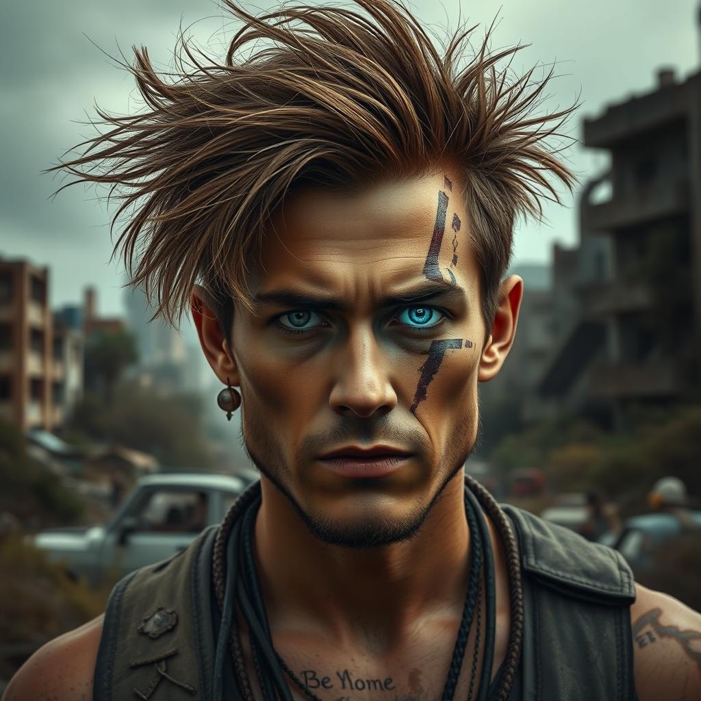 A portrait of a 30-year-old male in a post-apocalyptic setting, featuring large, wild hair that is tousled and unkempt