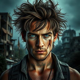 A portrait of a 30-year-old male in a post-apocalyptic setting, featuring large, wild hair that is tousled and unkempt