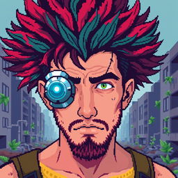 A pixel art portrait of a 30-year-old male in a post-apocalyptic setting