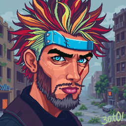 A pixel art portrait of a 30-year-old male in a post-apocalyptic setting