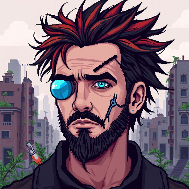 A pixel art portrait of a 30-year-old male in a post-apocalyptic setting