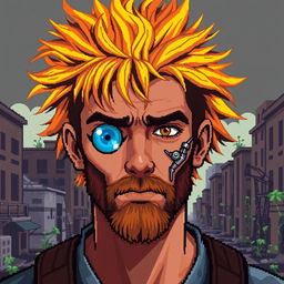 A pixel art portrait of a 30-year-old male in a post-apocalyptic setting