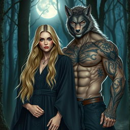 A stunning sandy blonde witch with long flowing hair, wearing a beautifully detailed dark robe adorned with mystical symbols, is standing confidently next to a muscular, tatted werewolf