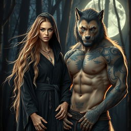 A stunning sandy blonde witch with long flowing hair, wearing a beautifully detailed dark robe adorned with mystical symbols, is standing confidently next to a muscular, tatted werewolf