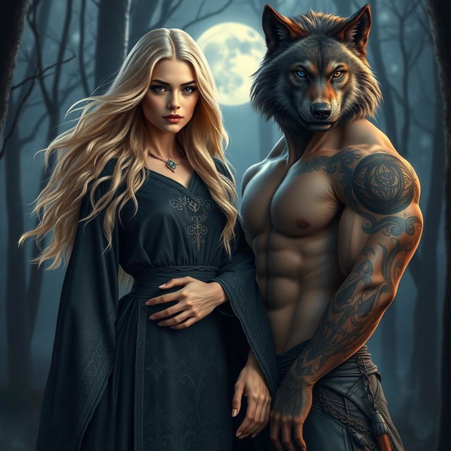 A stunning sandy blonde witch with long flowing hair, wearing a beautifully detailed dark robe adorned with mystical symbols, is standing confidently next to a muscular, tatted werewolf