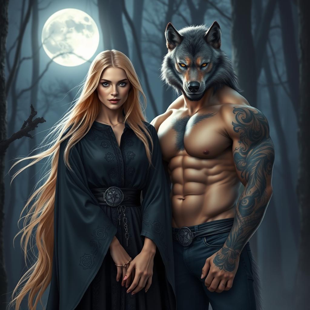 A stunning sandy blonde witch with long flowing hair, wearing a beautifully detailed dark robe adorned with mystical symbols, is standing confidently next to a muscular, tatted werewolf