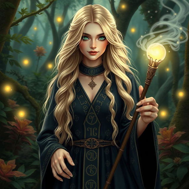 A beautiful sandy blonde witch with long, flowing hair, dressed in an elegant, dark robe embellished with mystical runes and symbols