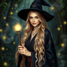 A beautiful sandy blonde witch with long, flowing hair, dressed in an elegant, dark robe embellished with mystical runes and symbols