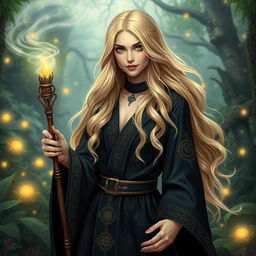 A beautiful sandy blonde witch with long, flowing hair, dressed in an elegant, dark robe embellished with mystical runes and symbols