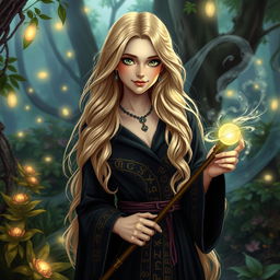 A beautiful sandy blonde witch with long, flowing hair, dressed in an elegant, dark robe embellished with mystical runes and symbols