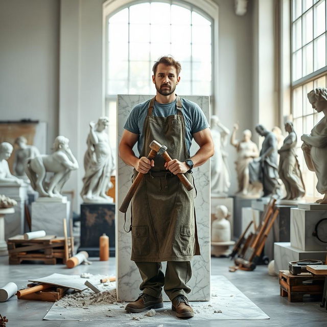 A talented sculptor standing proudly in front of a large block of marble, chisels in hand, showcasing the artistry and skill involved in sculpting