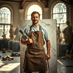 A talented sculptor standing proudly in front of a large block of marble, chisels in hand, showcasing the artistry and skill involved in sculpting