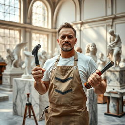 A talented sculptor standing proudly in front of a large block of marble, chisels in hand, showcasing the artistry and skill involved in sculpting