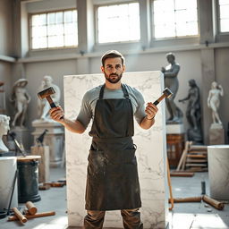 A talented sculptor standing proudly in front of a large block of marble, chisels in hand, showcasing the artistry and skill involved in sculpting