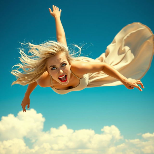 A beautiful sexy blonde woman wearing a flowing long dress, with striking blue eyes and vibrant red lips, captured in mid-air as she falls from the sky