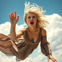 A beautiful sexy blonde woman wearing a flowing long dress, with striking blue eyes and vibrant red lips, captured in mid-air as she falls from the sky