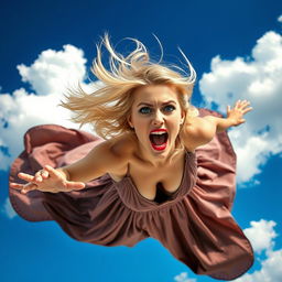 A beautiful sexy blonde woman wearing a flowing long dress, with striking blue eyes and vibrant red lips, captured in mid-air as she falls from the sky