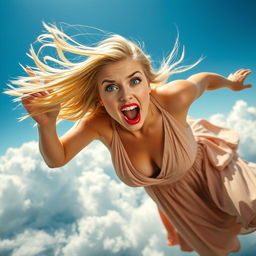 A beautiful sexy blonde woman wearing a flowing long dress, with striking blue eyes and vibrant red lips, captured in mid-air as she falls from the sky