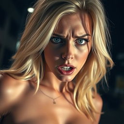 A sexy blonde woman with a frightened expression, her wide blue eyes filled with emotion