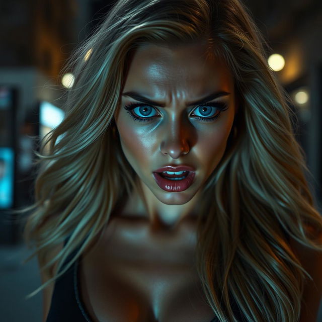 A sexy blonde woman with a frightened expression, her wide blue eyes filled with emotion