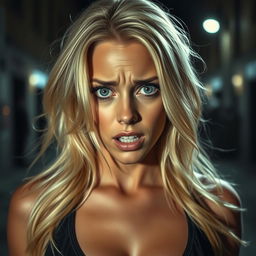 A sexy blonde woman with a frightened expression, her wide blue eyes filled with emotion