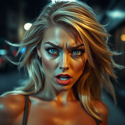 A sexy blonde woman with a frightened expression, her wide blue eyes filled with emotion